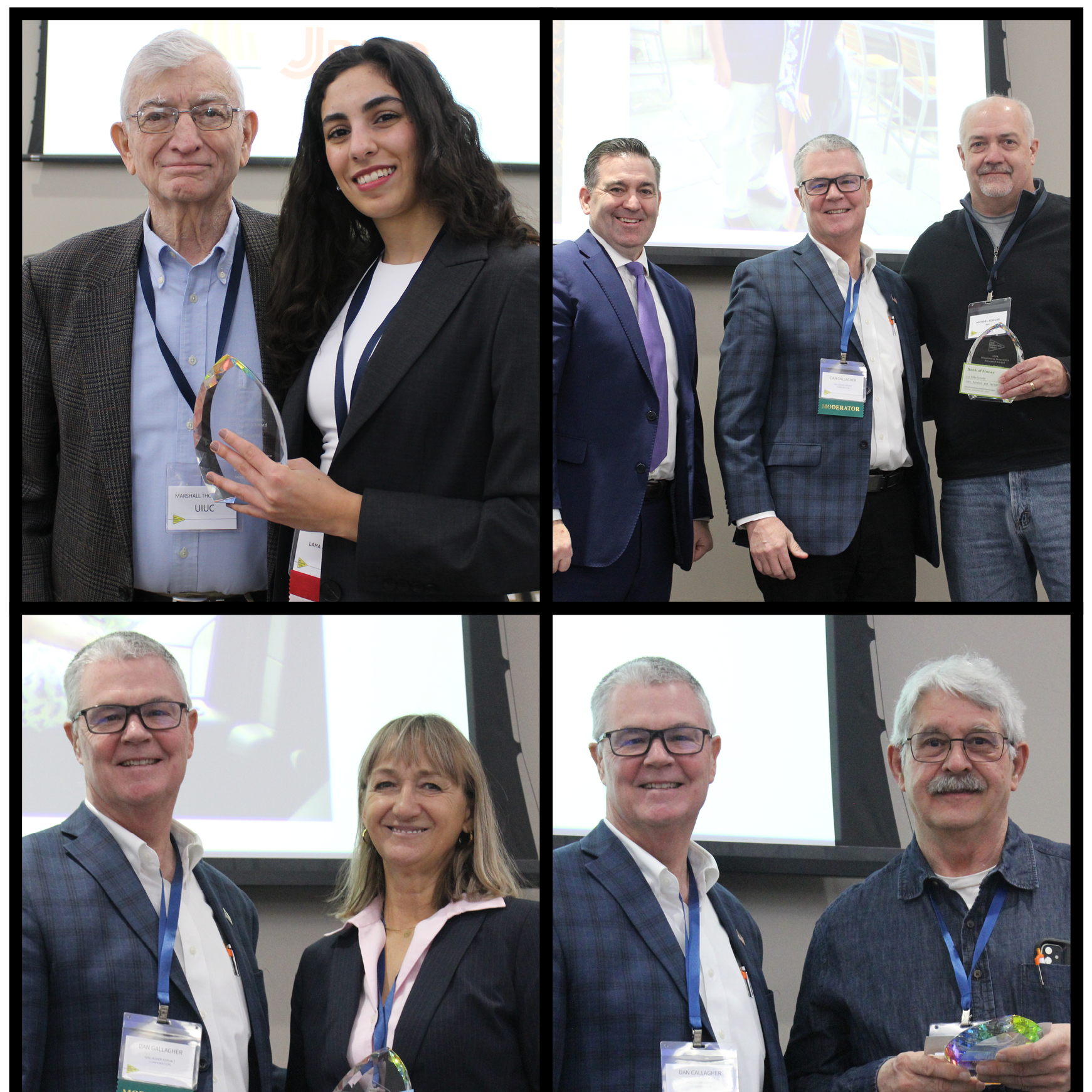 Clockwise from upper left: Professor Emeritus Marshall Thompson with Lama Abufares; Kevin Burke and Dan&amp;amp;nbsp;Gallagher with Mike Schilke; Gallagher with Tom Zehr; Gallagher with Gosia Adamczyk.