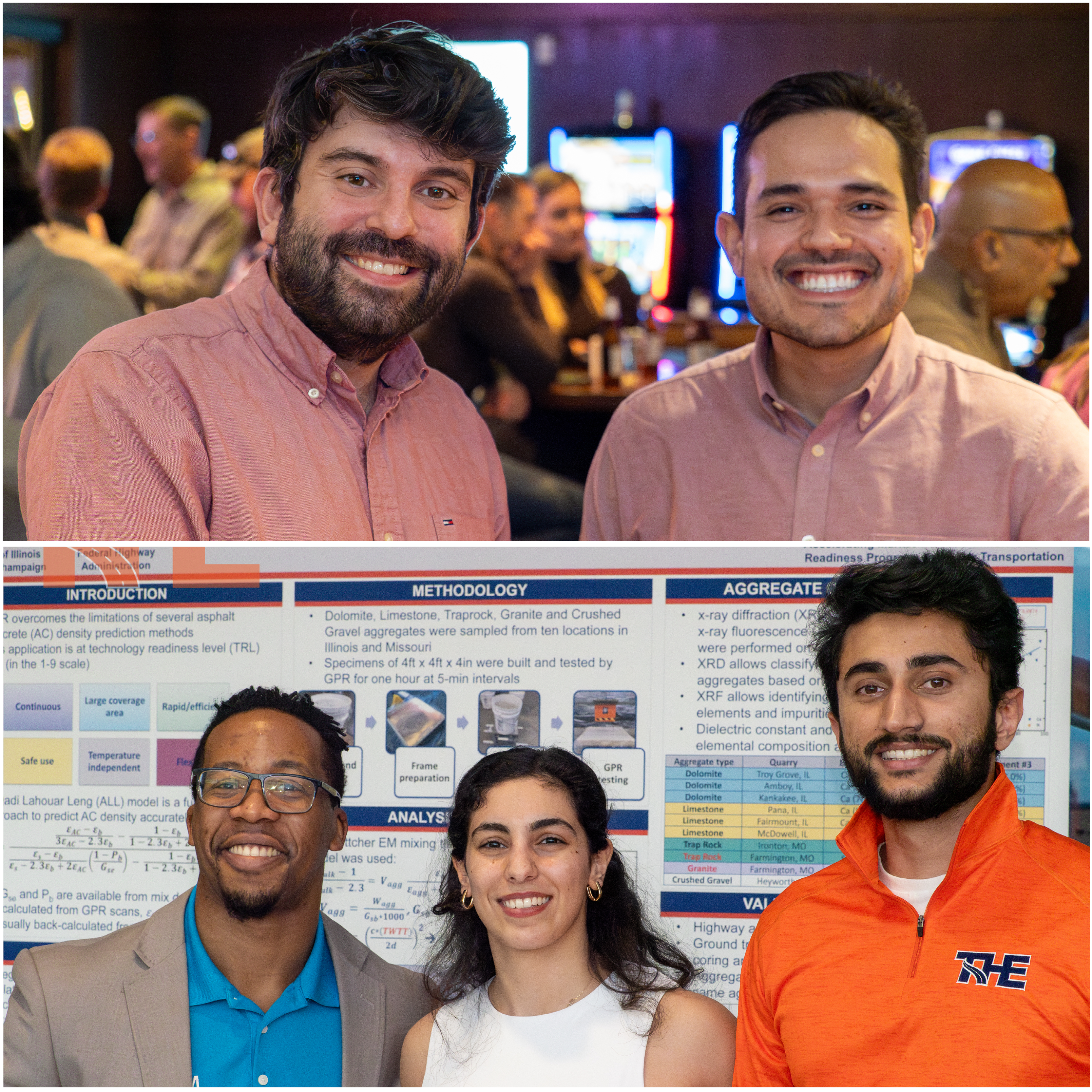 Top: Ramez Hajj and Jos&amp;amp;amp;eacute; Rivera-Perez enjoy the traditional fish fry social gathering, a pre-conference tradition. Bottom: CEE alumnus Kundayi Mugabe joins ICT doctoral students Lama Abufares and Abhilash Vyas as they present their research at the conference poster session. Photos by Jordan Ouellet.