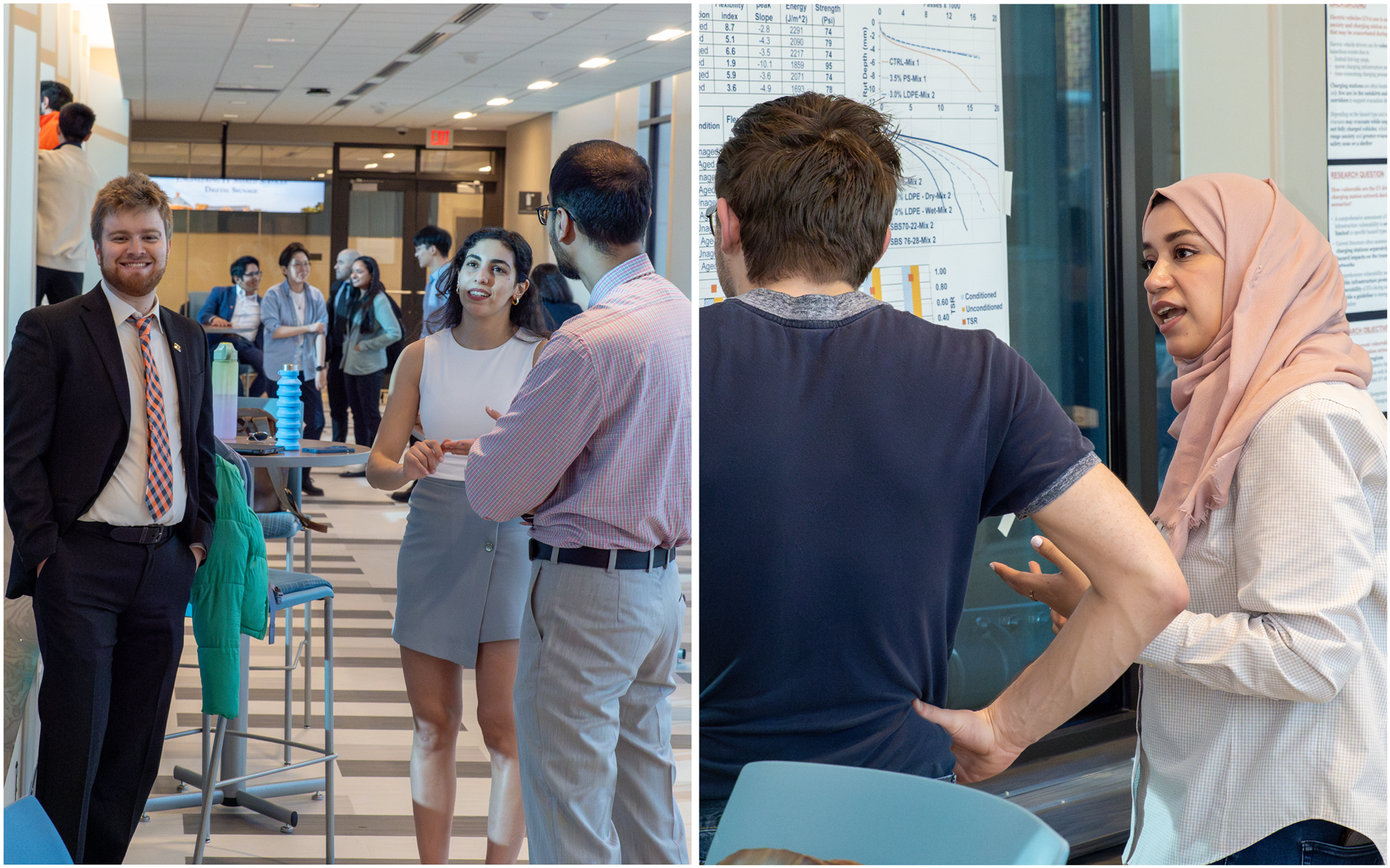 Left: Robert Wiggins, CEE doctoral student, and Lama Abufares, ICT doctoral student, engage in discussions at the poster session. Right: Yusra Alhadidi, ICT doctoral student, presents her research findings. Photos by Jordan Ouellet.