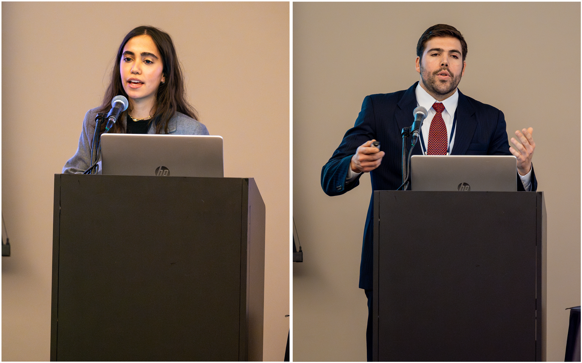 Lara Diab and Javier Garc&amp;amp;amp;iacute;a Mainieri, ICT doctoral students, presented with Imad Al-Qadi on optimizing the use of local aggregate in stone-matrix asphalt. Photos by Jordan Ouellet.