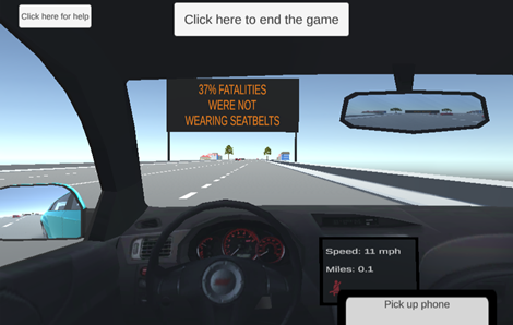 A screenshot of the interface of the driving simulation game developed in the ICT and IDOT project.