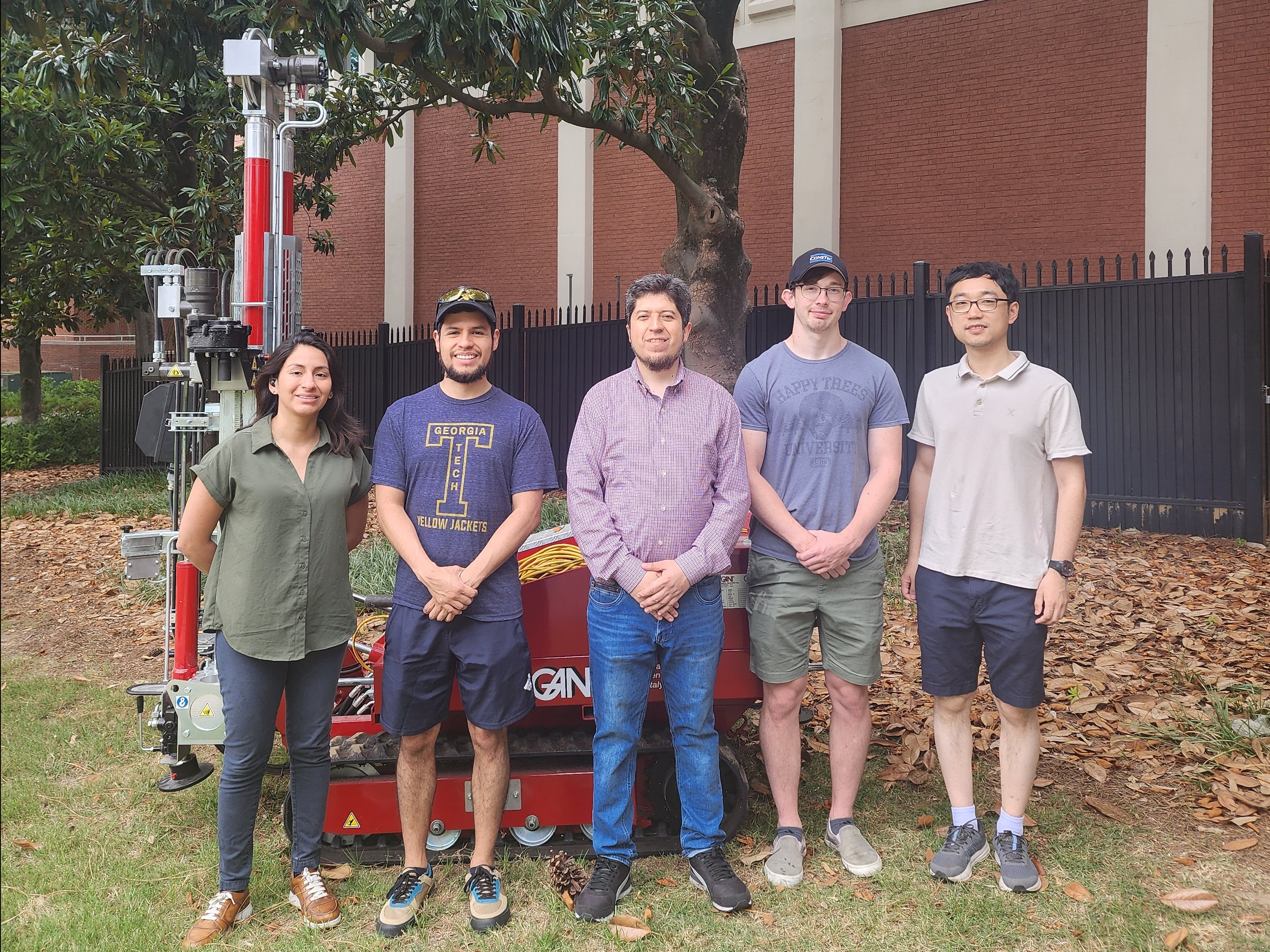 The Georgia Tech team, from left:&amp;nbsp;Paola Torres (doctoral student), Luis Vergaray (doctoral student), Jorge Macedo (principal investigator), Cody Arnold (doctoral student) and Yumeng Zhao (doctoral student). Not pictured are project co-principal investigators Paul Mayne and Sheng Dai.