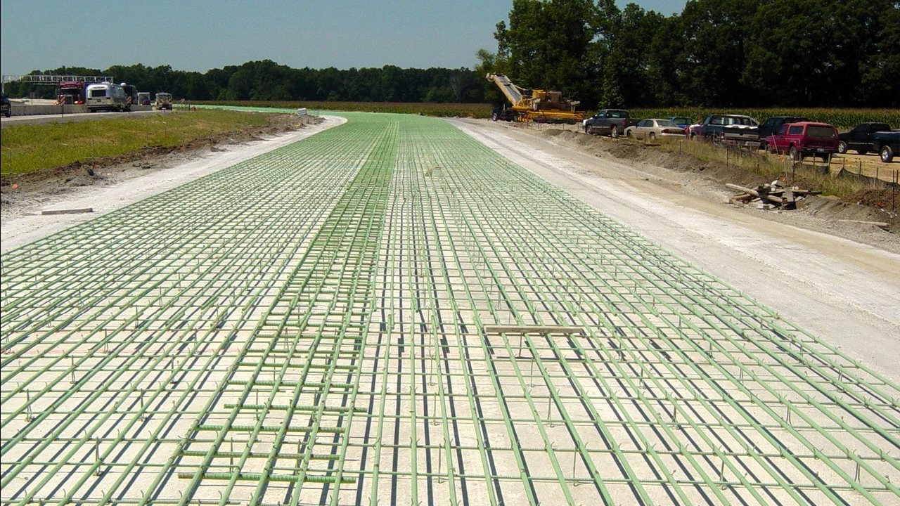 Provided by Charles&nbsp;Wienrank. Steel reinforcing bars in a continuously reinforced concrete pavement section in Illinois.