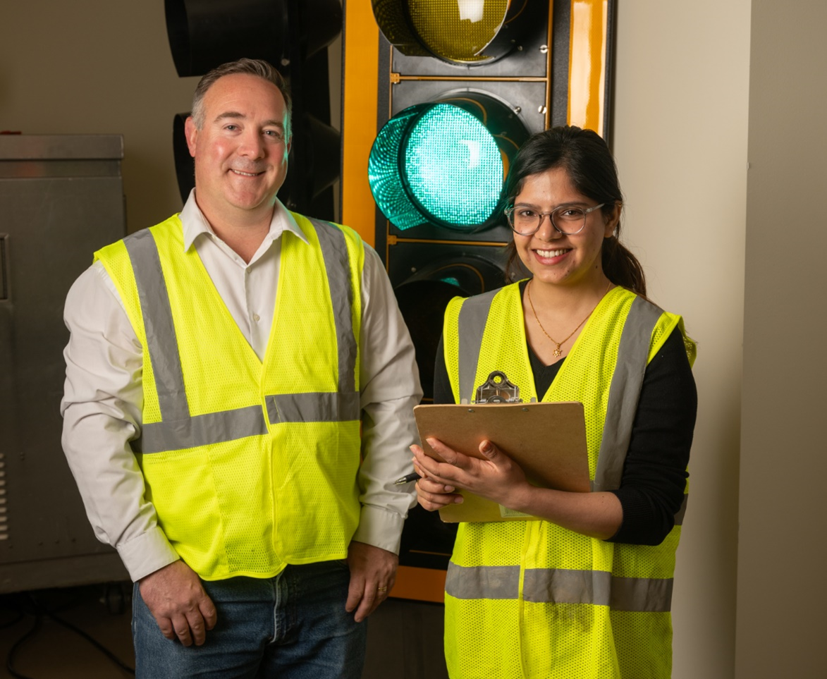 Photo by Howard Ash. From left, Ryan Fries, Southern Illinois University Edwardsville professor, and Srisha Devkota, SIUE graduate research assistant, who contributed to the traffic signal maintenance project from January 2023 to May 2024.